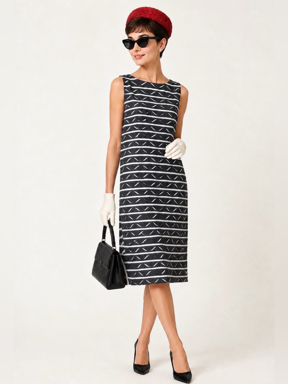 Frank Lyman Sleeveless Gray & White Wave-Stripe Textured Midi Sheath Dress - 12
